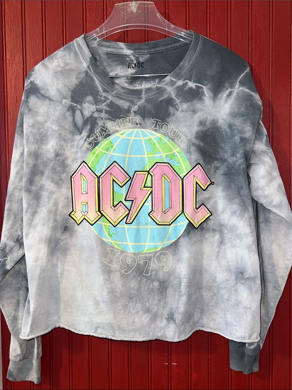 AC/DC Gray Tie-Dye Sweatshirt with Pink Logo and Blue/Green Globe Crop L
